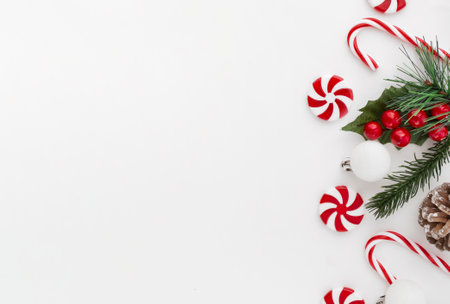 Christmas background with candy canes and fir branches on white background.の写真素材