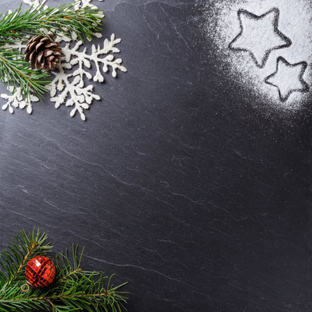A high angle shot of Christmas ornaments on a black surface - Copy Spaceの写真素材