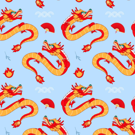 Seamless pattern with red dragon on blue background. Vector illustration.の写真素材