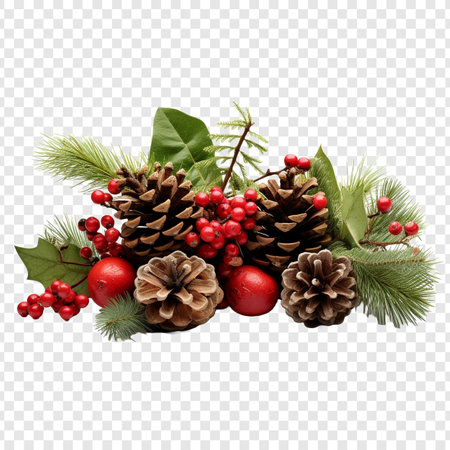 Christmas decoration with evergreen branches, pine cones, berries and holly berries isolated on transparent backgroundの写真素材