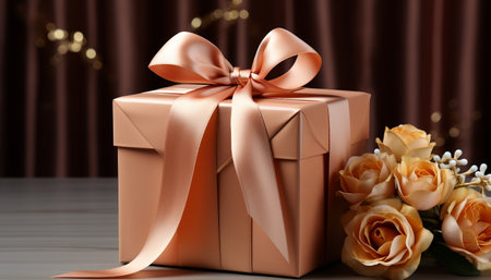 Celebration of love gift box wrapped in shiny yellow paper generated by artificial intelligenceの写真素材