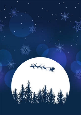 Illustration of Santa Claus flying in the night sky with reindeerの写真素材