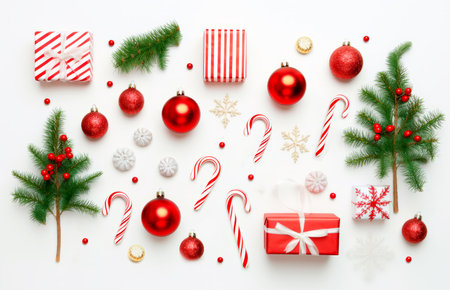 Christmas composition. Gifts, candy canes, fir branches on white background. Flat lay, top view,...