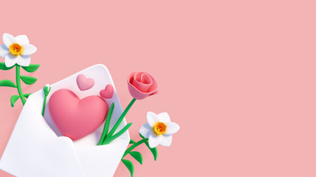 Valentine's day background with envelope, heart and flowers.