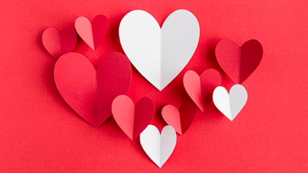 Paper hearts on red background. Valentines day concept. Copy space.