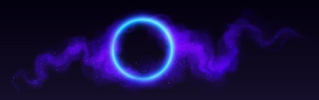 Bright neon circle with colorful cloud or steam. Realistic vector illustration of luminous led ring with vapor effect on dark background. Magic or futuristic game round frame or portal with fog.の写真素材
