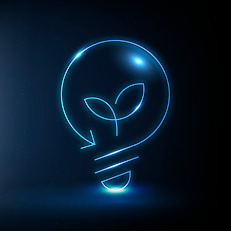 Glowing light bulb with plant inside, vector illustration on dark backgroundの写真素材