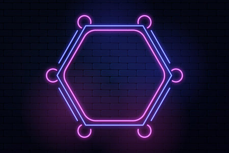 Neon hexagon frame on brick wall background. Vector illustration.の写真素材