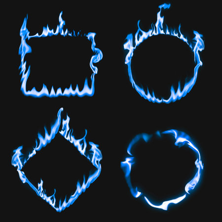 Set of blue fire flames isolated on black background. Vector illustration.の写真素材