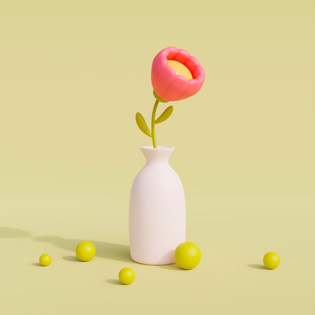 Pink flower in white vase with yellow balls on pastel background. Minimal concept. 3d renderの写真素材