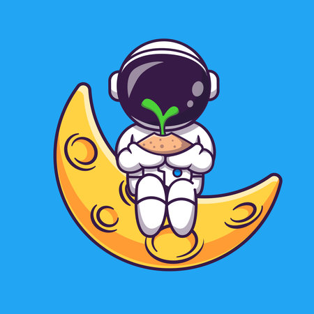 Astronaut sitting on the moon. Cute cartoon vector illustration.の写真素材
