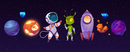 Alien planets, astronaut, funny extraterrestrial and rocket on background of outer space. Vector...