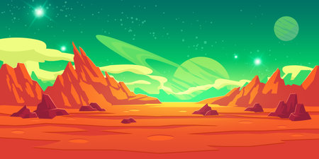 Mars landscape, alien planet background, red desert surface with mountains, craters, saturn and stars shine on green sky. Martian extraterrestrial computer game backdrop, cartoon vector illustrationの写真素材