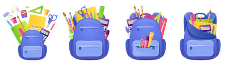School bag with studying supplies and stationery inside. Backpack with notebook, paints and pen or pencil, ruler, calculator and brush. Back to school concept with student rucksack, Cartoon vector setの写真素材