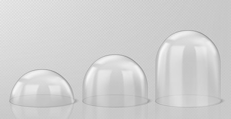 Realistic glass domes, christmas snow globe souvenirs isolated on transparent background, crystal semisphere containers small, medium and large size. Festive xmas gift mock up. Realistic 3d vector setの写真素材
