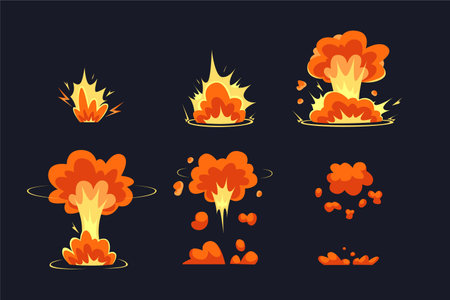 Set of different explosions isolated on black background. Flat style vector illustration.