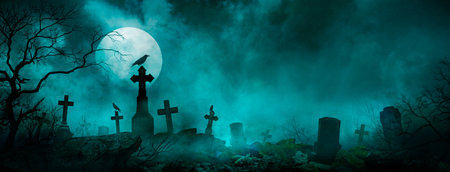 Halloween background with graveyard and full moon. 3d rendering.