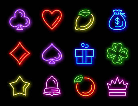 Slot machine neon vector icons for casino gambling on black background. Glowing symbols for slot games, golden star, red heart, crown, money bag and playing cards suitsの写真素材