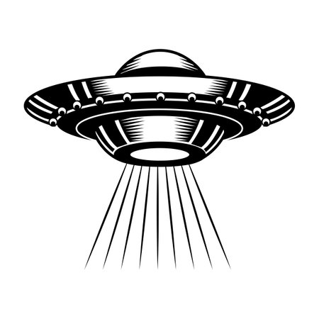 UFO vector illustration. Unidentified flying object, saucer, cosmic, vessel. Cosmos concept for fiction, fantasy, travel topicsの写真素材