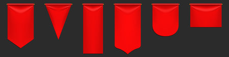 Red pennant flags mockup, blank hanging banners with rounded, pointed and straight edges. Medieval...