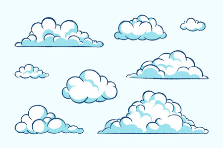 Set of cartoon clouds. Vector illustration. Isolated on blue background.の写真素材