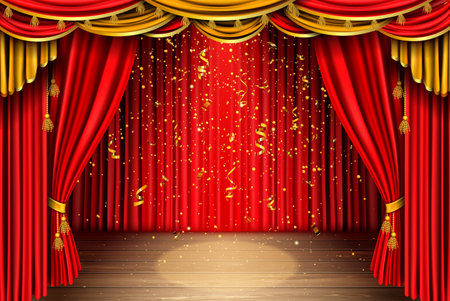 Empty red curtain stage with golden confetti falling on wooden floor with spotlight. Theater, opera scene with drape, concert or cinema grand opening realistic vector portiere for ceremony performanceの写真素材