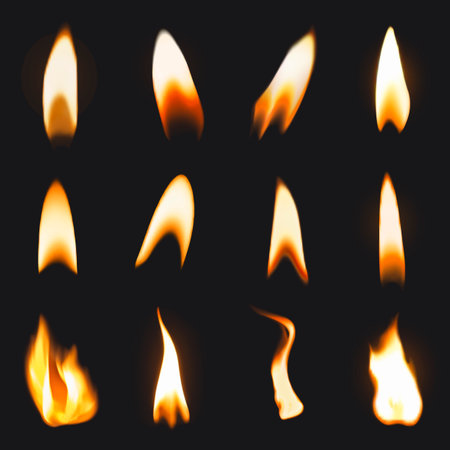 Burning flame sticker, realistic fire image vector setの写真素材