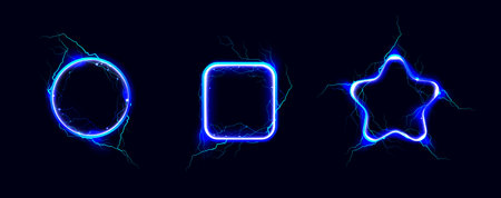Set of blue electric lightning effects on dark background. Vector illustration.の写真素材