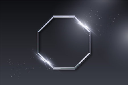 Silver hexagon frame on a black background with sparkles. Vector illustrationの写真素材