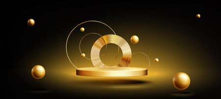 Abstract background with golden geometric shapes and round podium. Vector illustration.