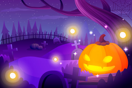 Halloween background with pumpkins and cemetery. Vector illustration.の写真素材