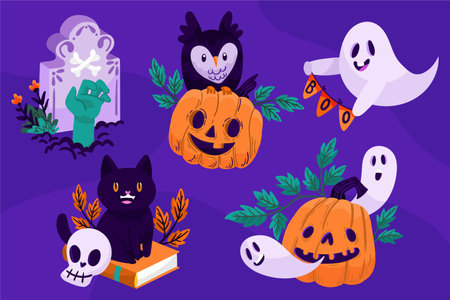 Halloween vector illustration. Cute cartoon characters on a purple background.の写真素材