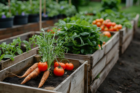 Organic vegetables in wooden boxes in the garden. Gardening.