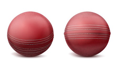 Cricket balls set isolated on white background, red leather sports accessory, equipment for playing game, championship or competition, design element. Realistic 3d vector illustration, icon, clip artの写真素材