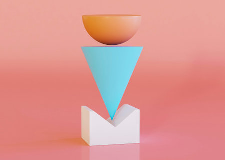 3d rendering of a bowl on a blue cone and white box on a pink background