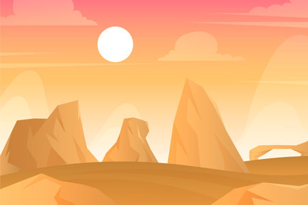 Landscape with mountains and sunset. Vector illustration in flat style.の写真素材