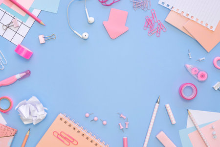 School and office supplies on blue background. Back to school concept.