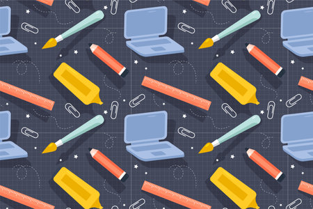 Seamless pattern with school supplies. Vector illustration in flat styleの写真素材