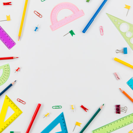 School supplies on white background. Back to school concept. Flat lay, top viewの写真素材