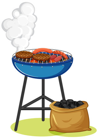 Grill stove with steak and sausage on white background illustrationの写真素材