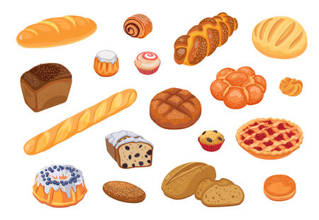 Bread assortment flat icon set. Cartoon bun, pretzel, cakes, baguette, bagel, whole grain bread isolated vector illustration collection. Bakery conceptの写真素材