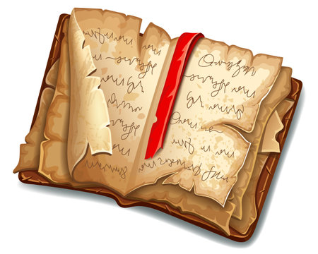 Illustration of an old book with a red bookmark on a white backgroundの写真素材