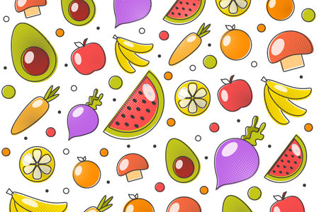 Seamless pattern with fruits and vegetables. Vector illustration in cartoon style.の写真素材