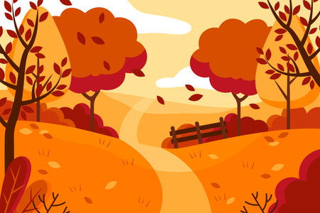 Autumn landscape with trees and fence. Vector illustration in flat styleの写真素材