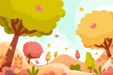 Autumn landscape with falling leaves. Vector illustration in flat style.の写真素材