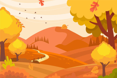 Autumn landscape with forest and mountains. Vector illustration in flat styleの写真素材