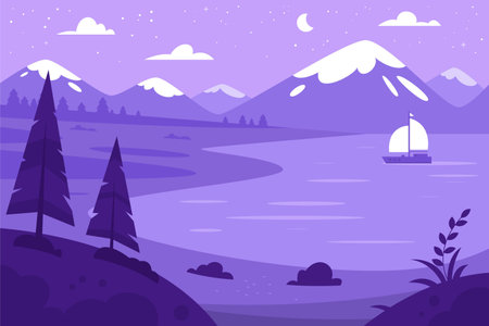 Landscape with mountains and lake. Vector illustration in flat style.の写真素材