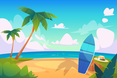 Tropical beach with palm trees and surfboard. Vector illustrationの写真素材