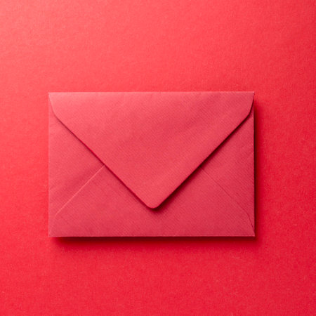 Red envelope on a red background. Top view. Copy space.の写真素材