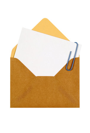 Brown manila envelope, blank letter or message card, copy space, verticalの写真素材